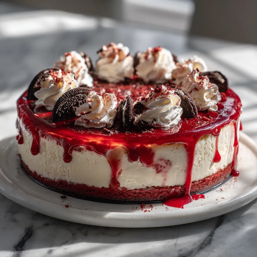 Ultimate Red Velvet Oreo Cheesecake with Cream Cheese Frosting and Chocolate Cookie Crust
