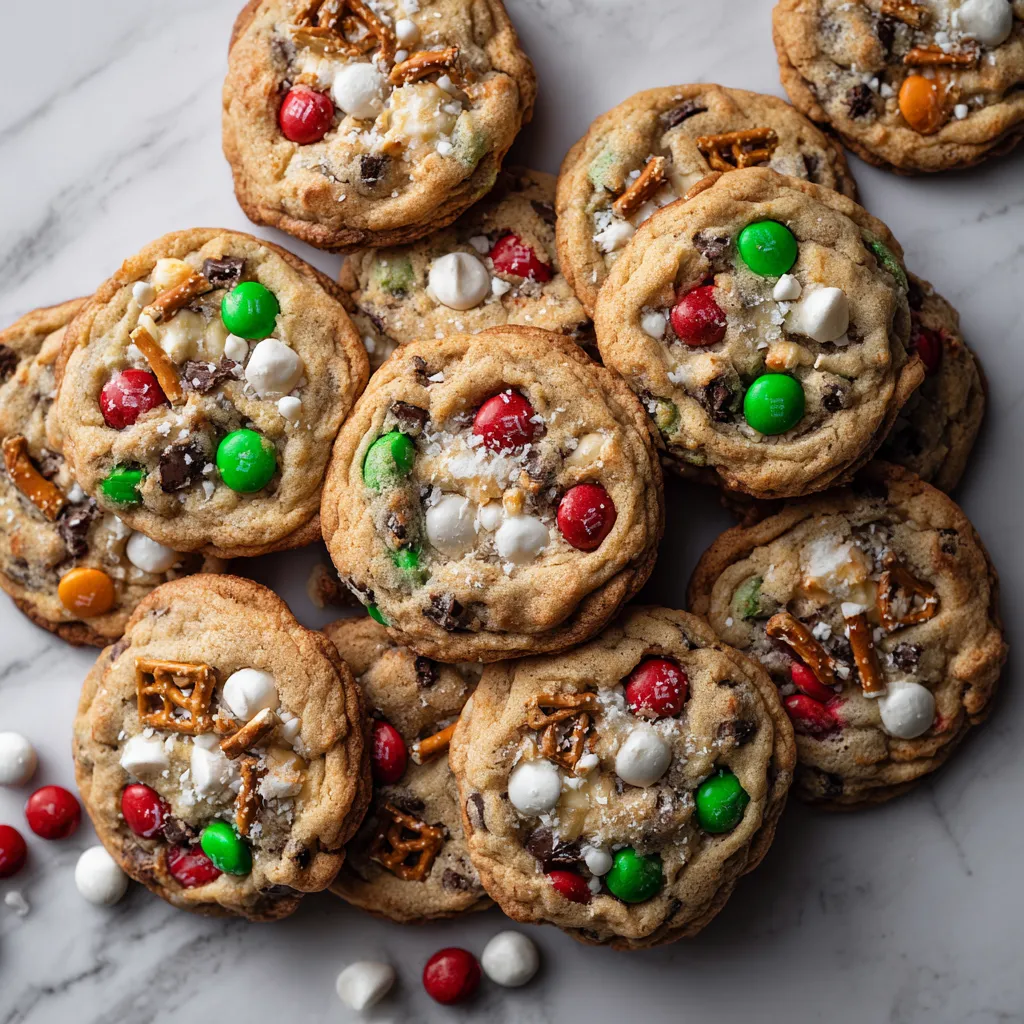 Loaded Christmas Kitchen Sink Cookies with M&Ms, White Chocolate, Pretzels and Coconut Flakes - tertiary view