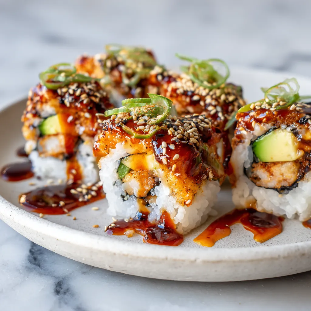 Easy Homemade Dragon Sushi Rolls with Crispy Shrimp Tempura, Creamy Avocado, and Sweet Eel Sauce - secondary view