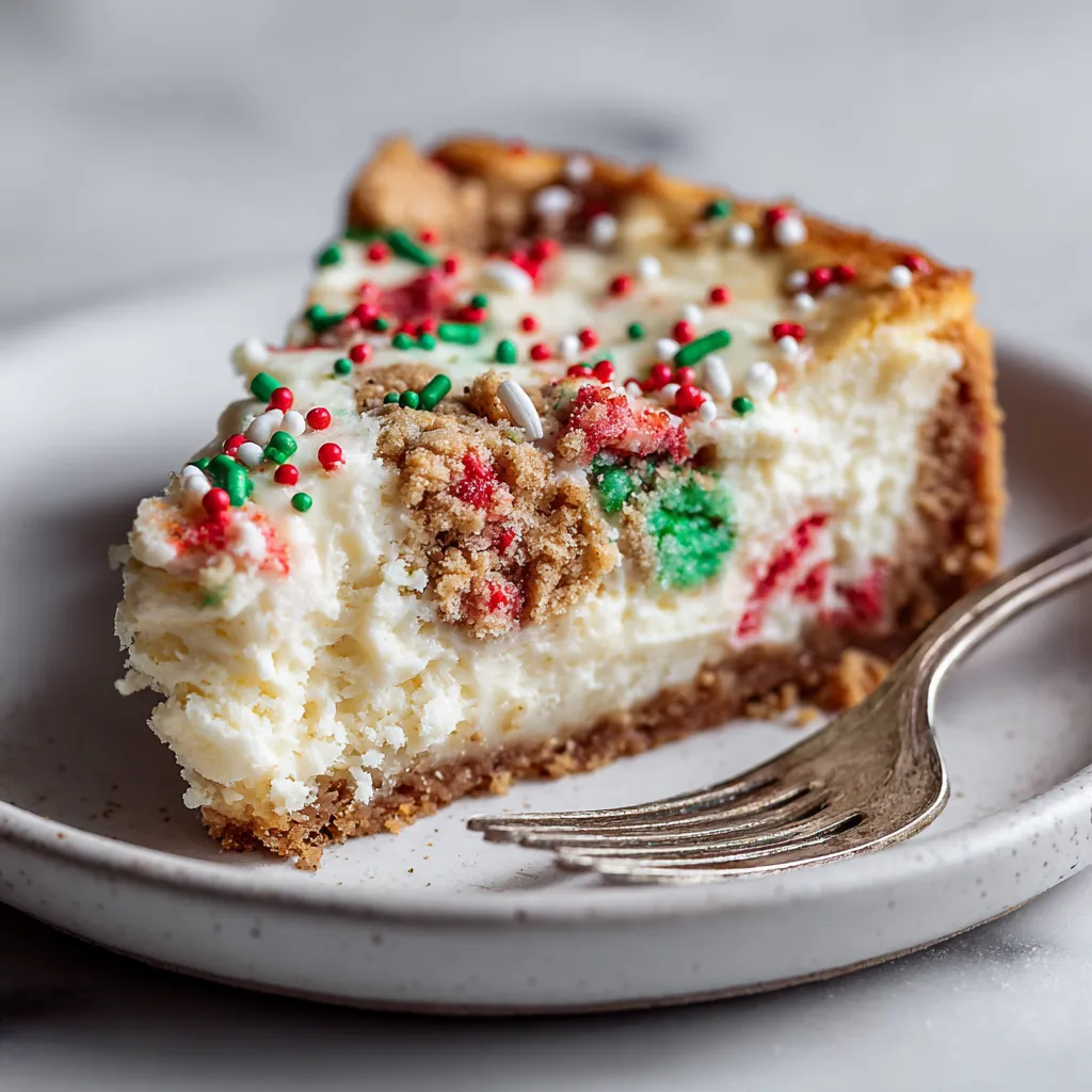 Ultimate Festive Christmas Sugar Cookie Cheesecake with Colorful Sprinkles and Homemade Cookie Crust - secondary view