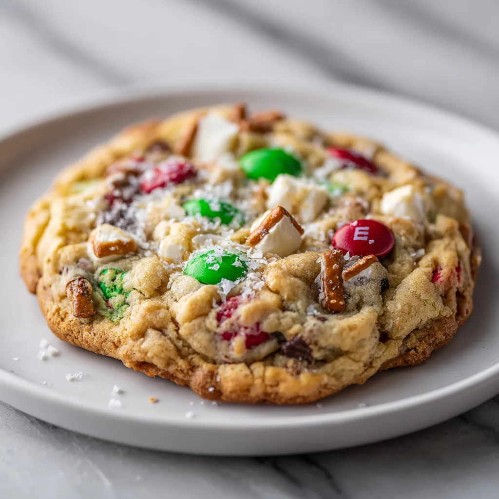 Loaded Christmas Kitchen Sink Cookies with M&Ms, White Chocolate, Pretzels and Coconut Flakes - secondary view