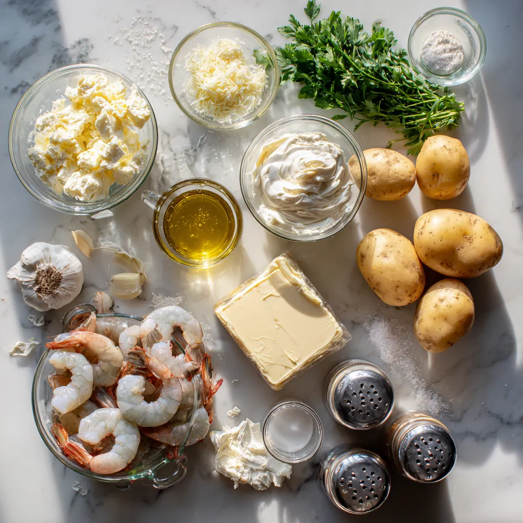 Creamy Garlic Butter Shrimp Over Fluffy Mashed Potatoes with Rich Parmesan Herb Sauce