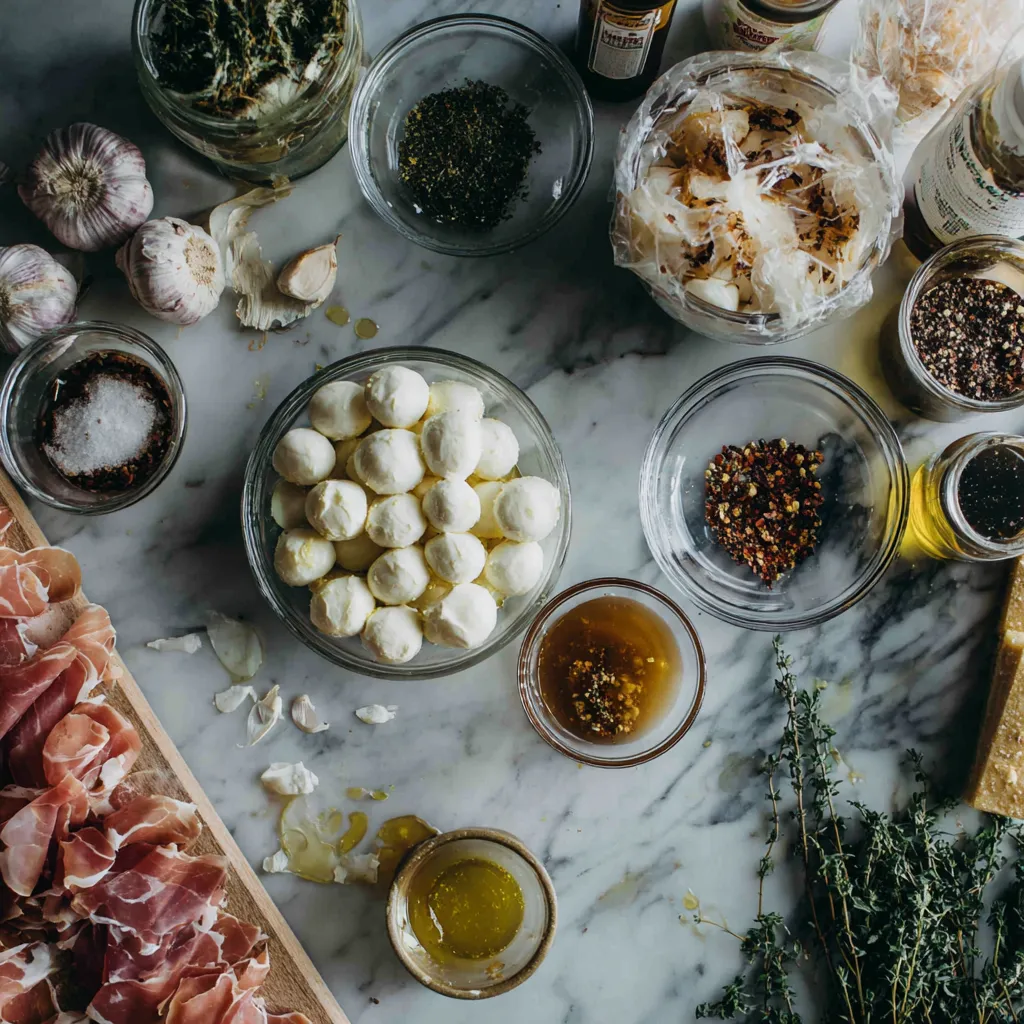 Honey Herb Prosciutto Wrapped Mozzarella Bites with Balsamic Glaze and Fresh Rosemary