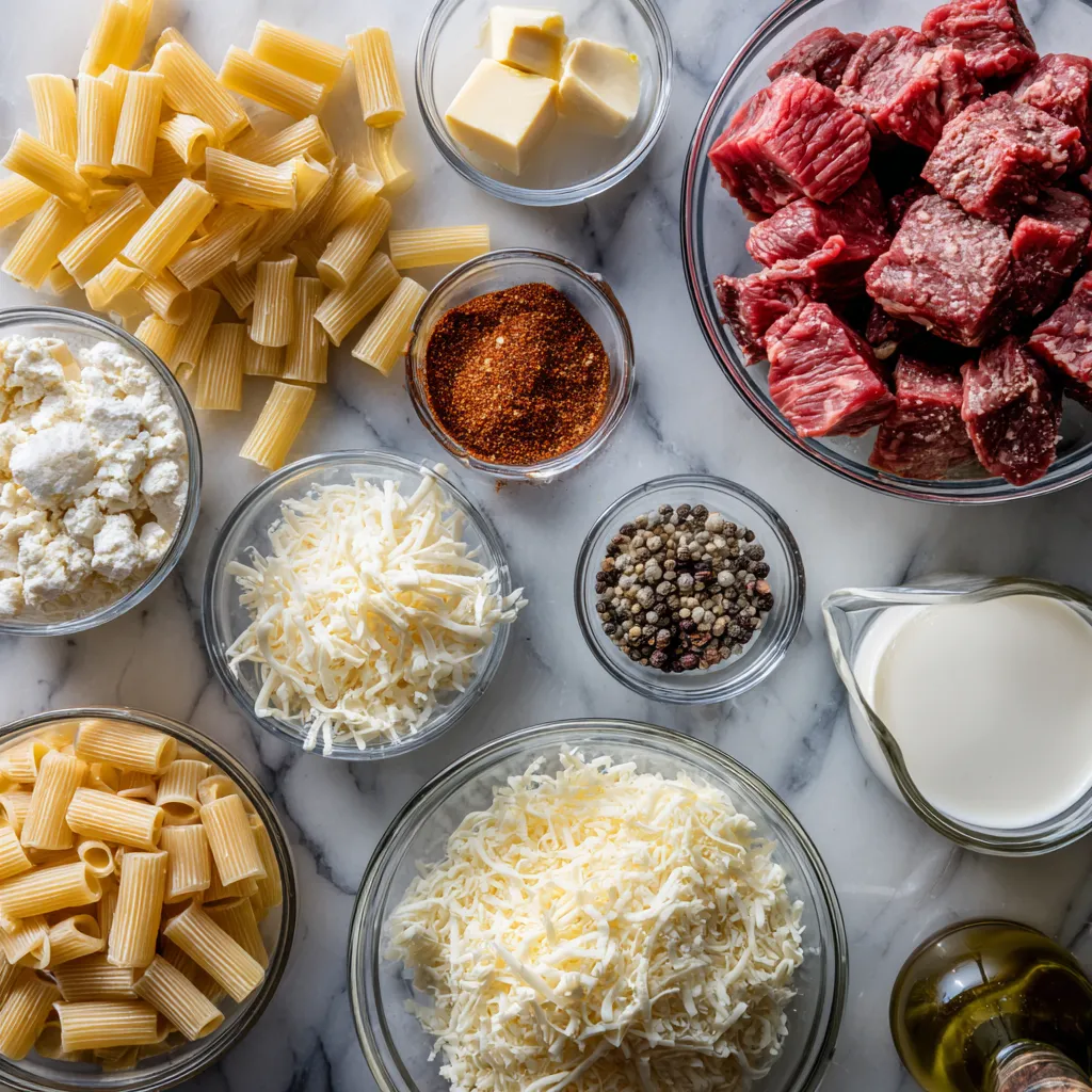 Cajun Steak Tips in Creamy Cheesy Rigatoni Parmesan Sauce with Garlic and Herbs