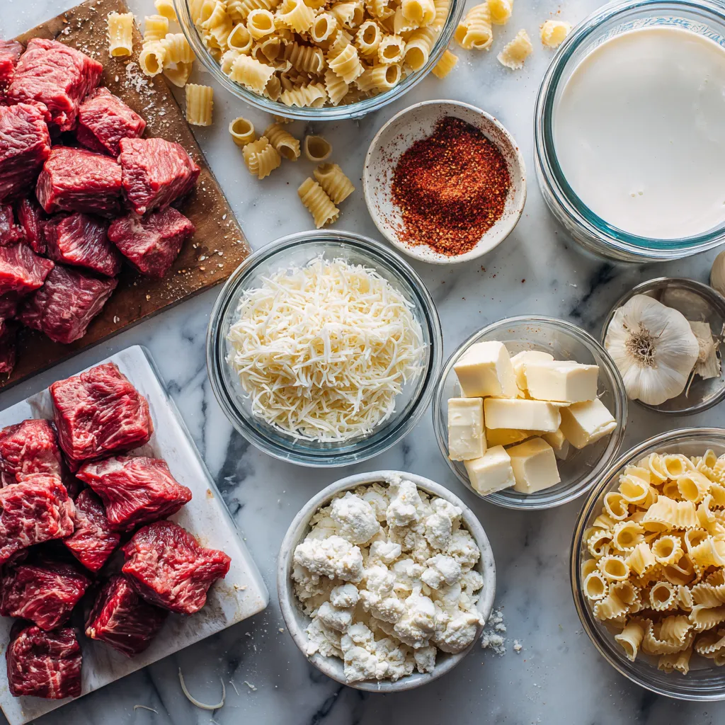 Cajun Spiced Steak Tips in Creamy Parmesan Rigatoni with Rich Cheese Sauce - tertiary view