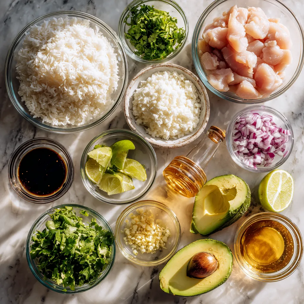 Honey Lime Glazed Chicken and Avocado Rice Stack with Cilantro and Caramelized Onions - main view