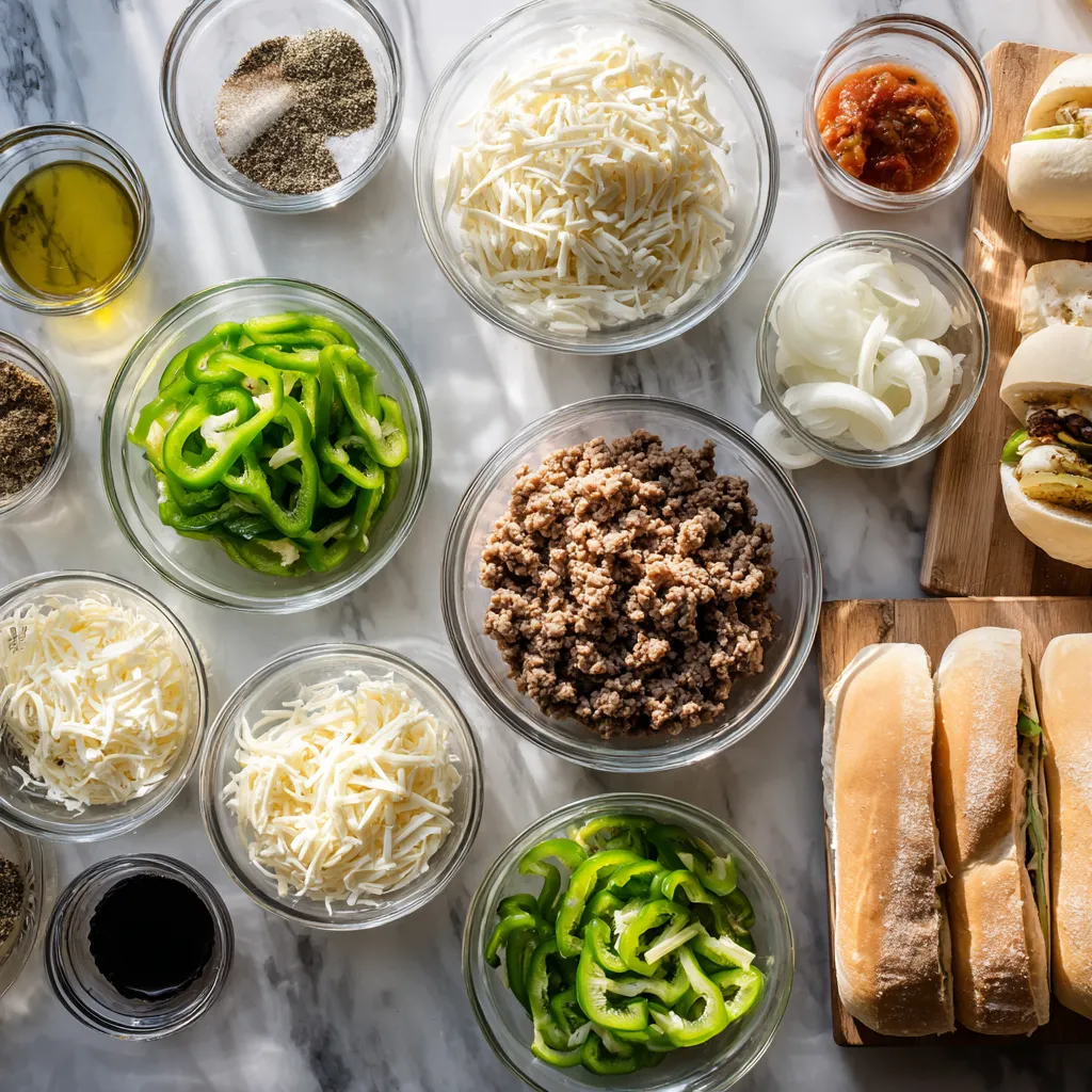 Ultimate Ground Beef Philly Cheesesteak with Melted Provolone Cheese and Sautéed Bell Peppers