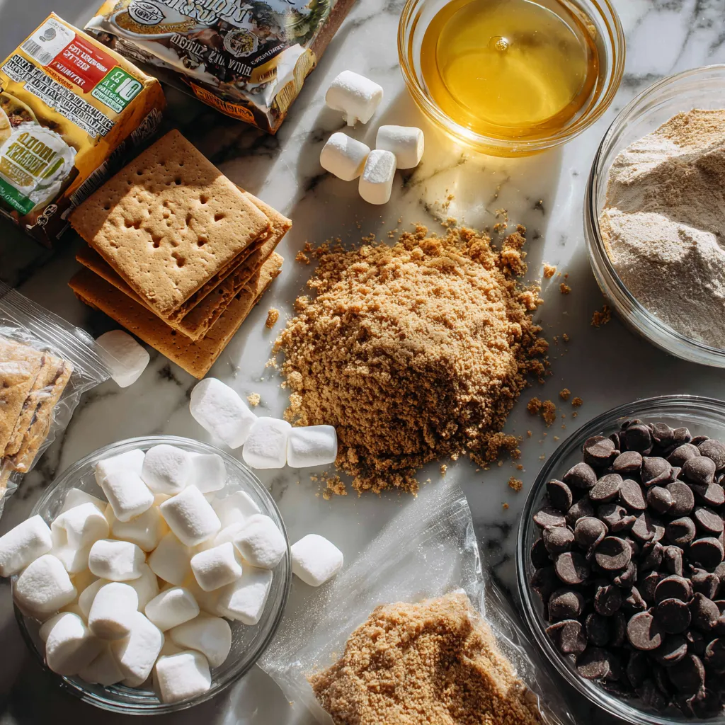 Ultimate Gooey S'mores Cookie Bars with Layered Graham Cracker Crust and Melted Chocolate Marshmallow Center - main view