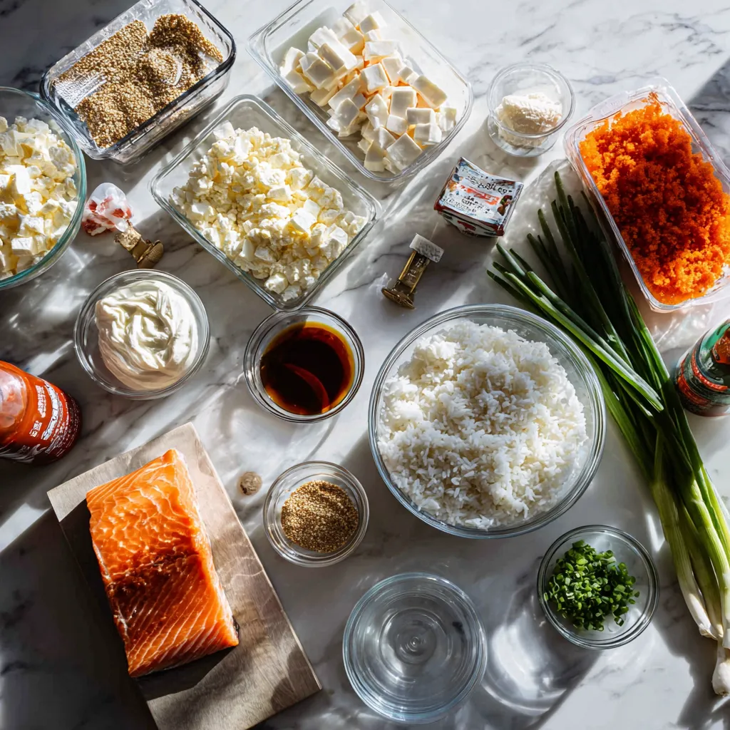 Spicy Salmon Sushi Bake with Creamy Crab and Crispy Rice Base - Easy Deconstructed Sushi Casserole Recipe