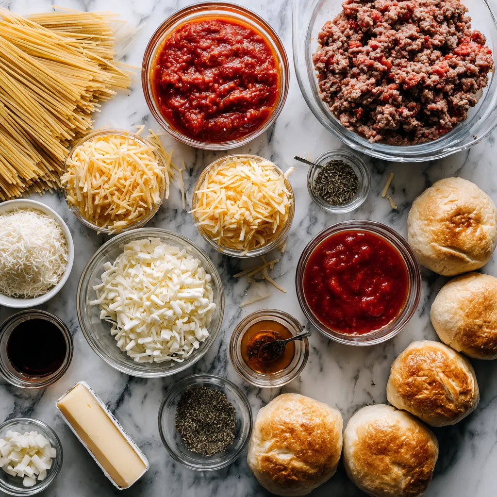 Spaghetti-Stuffed Garlic Bread Bowls with Meat Sauce and Melted Mozzarella Cheese