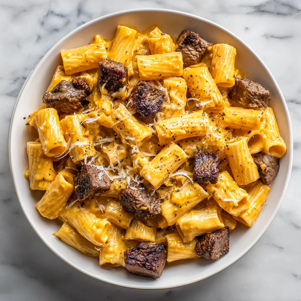 Cajun Spiced Steak Tips in Creamy Parmesan Rigatoni with Rich Cheese Sauce