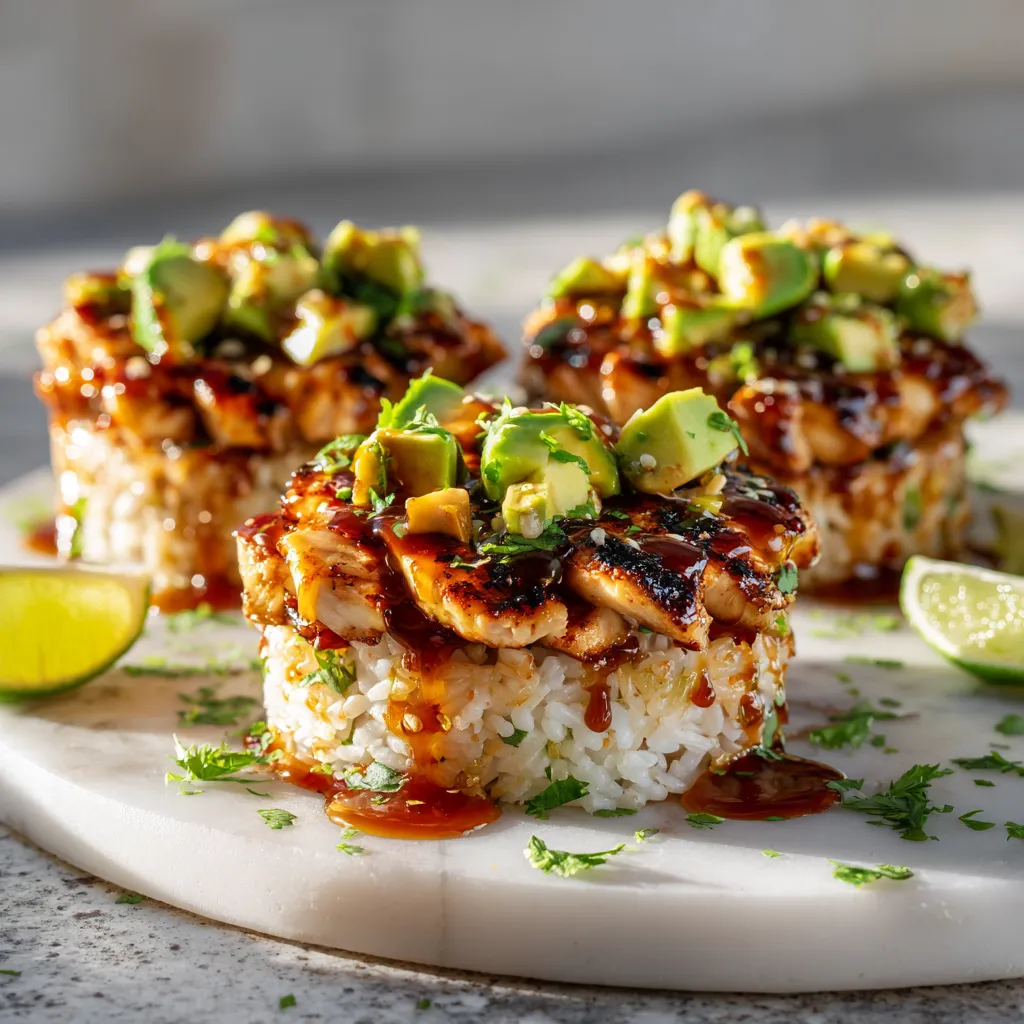Honey Lime Glazed Chicken and Avocado Rice Stack with Cilantro and Caramelized Onions - tertiary view