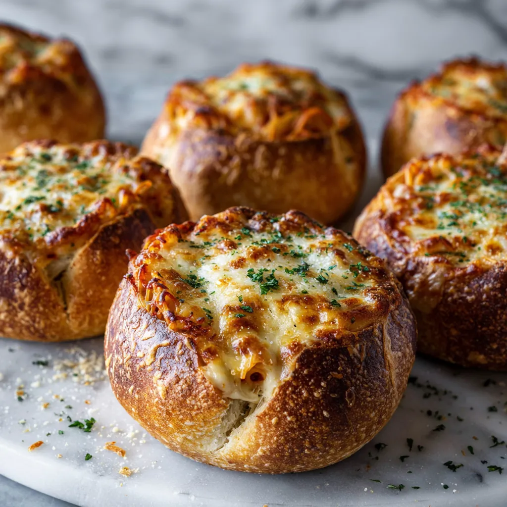 Spaghetti-Stuffed Garlic Bread Bowls with Meat Sauce and Melted Mozzarella Cheese - secondary view