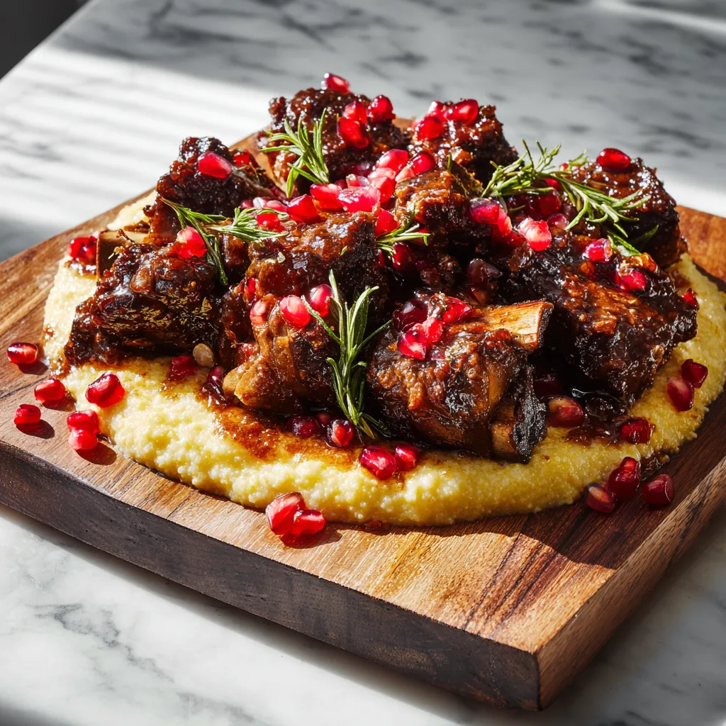 Pomegranate Glazed Beef Short Ribs with Creamy Parmesan Polenta and Fresh Herb Garnish - tertiary view