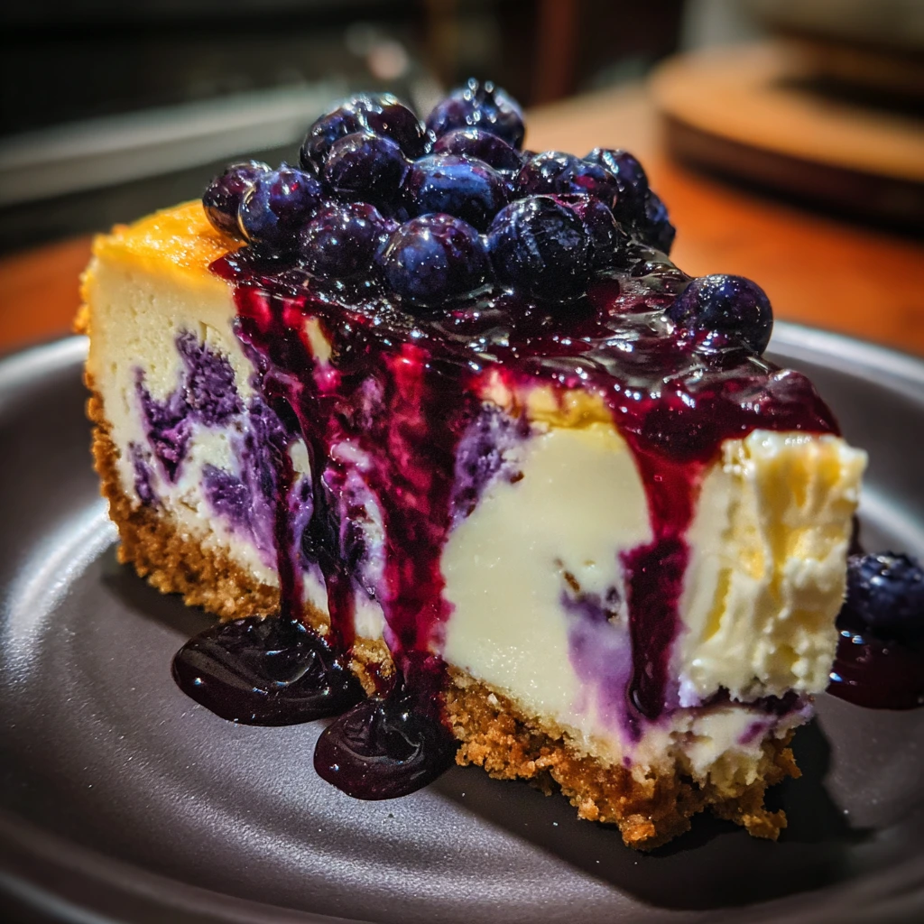 Deliciously Creamy White Chocolate Blueberry Cheesecake with a Graham Cracker Crust