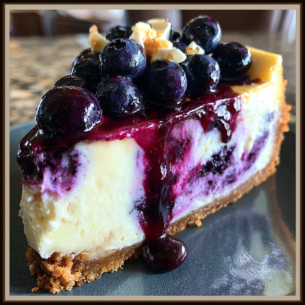 Deliciously Creamy White Chocolate Blueberry Cheesecake with a Graham Cracker Crust