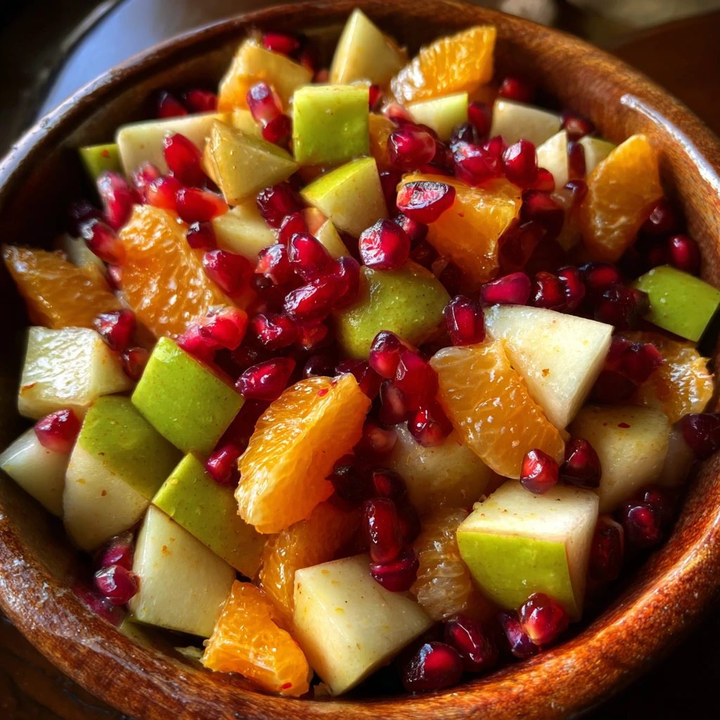 Delicious Winter Fruit Salad with Cinnamon Vanilla Dressing and Crunchy Nuts
