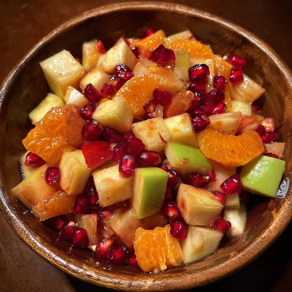 Delicious Winter Fruit Salad with Cinnamon Vanilla Dressing and Crunchy Nuts